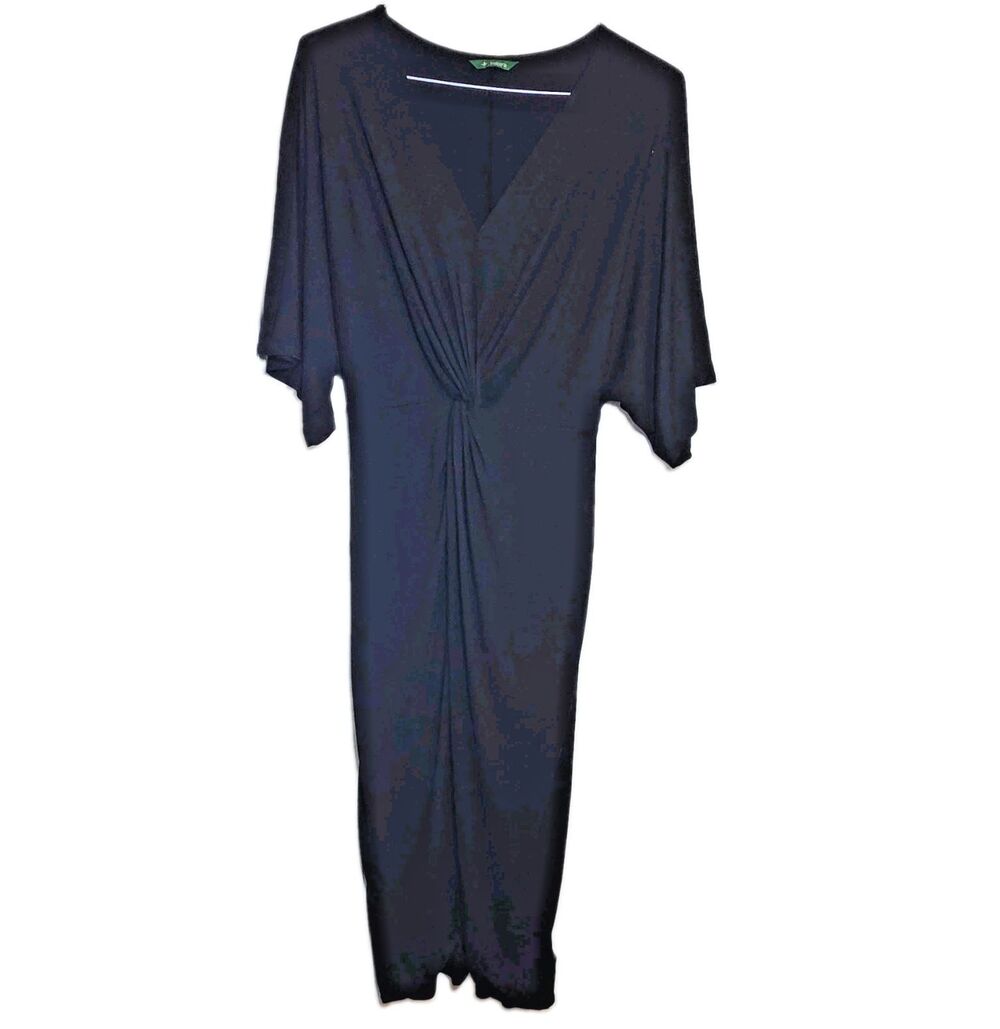Halara Maxi Dress Women Sz L Black V-Neck Knot Front 3/4 Dolman Stretch Knit NWT